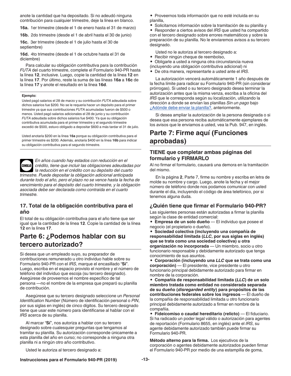 Instrucciones para IRS Formulario 940-PR Planilla Para La Declaracion Federal Anual Del Patrono De La Contribucion Federal Para El Desempleo (Futa) (Puerto Rican Spanish), Page 13