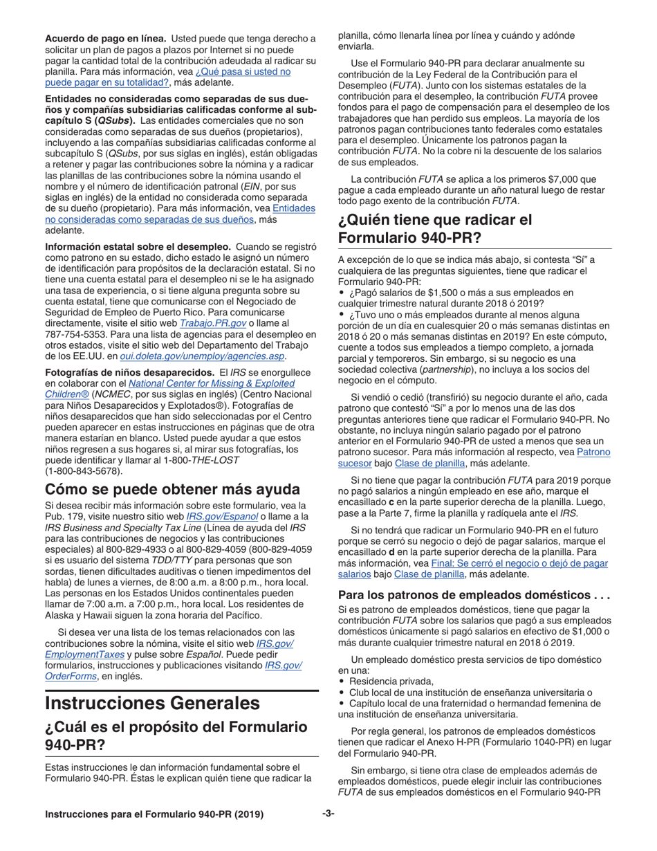 Instrucciones para IRS Formulario 940-PR Planilla Para La Declaracion Federal Anual Del Patrono De La Contribucion Federal Para El Desempleo (Futa) (Puerto Rican Spanish), Page 3