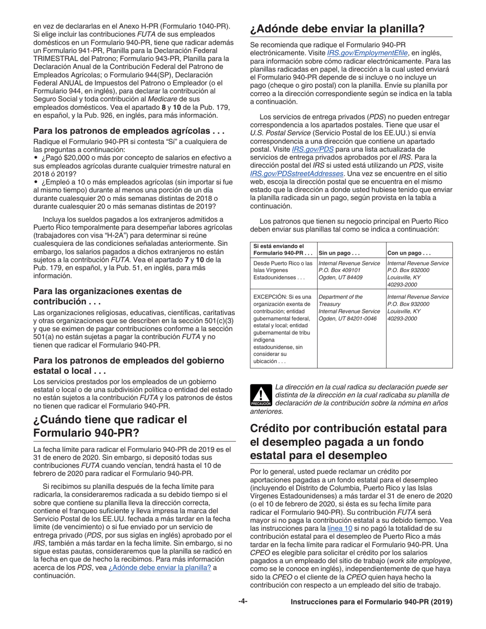 Instrucciones para IRS Formulario 940-PR Planilla Para La Declaracion Federal Anual Del Patrono De La Contribucion Federal Para El Desempleo (Futa) (Puerto Rican Spanish), Page 4