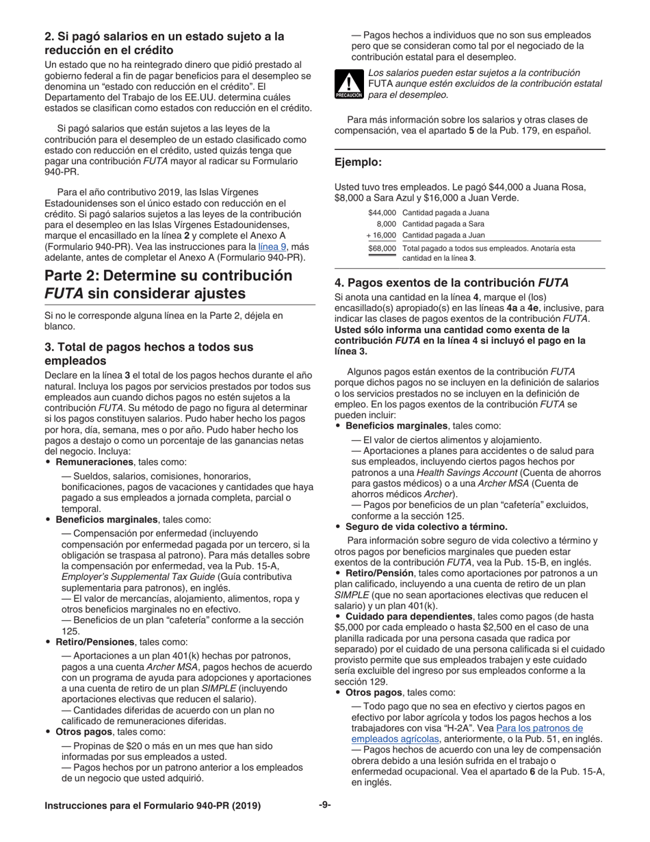 Instrucciones para IRS Formulario 940-PR Planilla Para La Declaracion Federal Anual Del Patrono De La Contribucion Federal Para El Desempleo (Futa) (Puerto Rican Spanish), Page 9