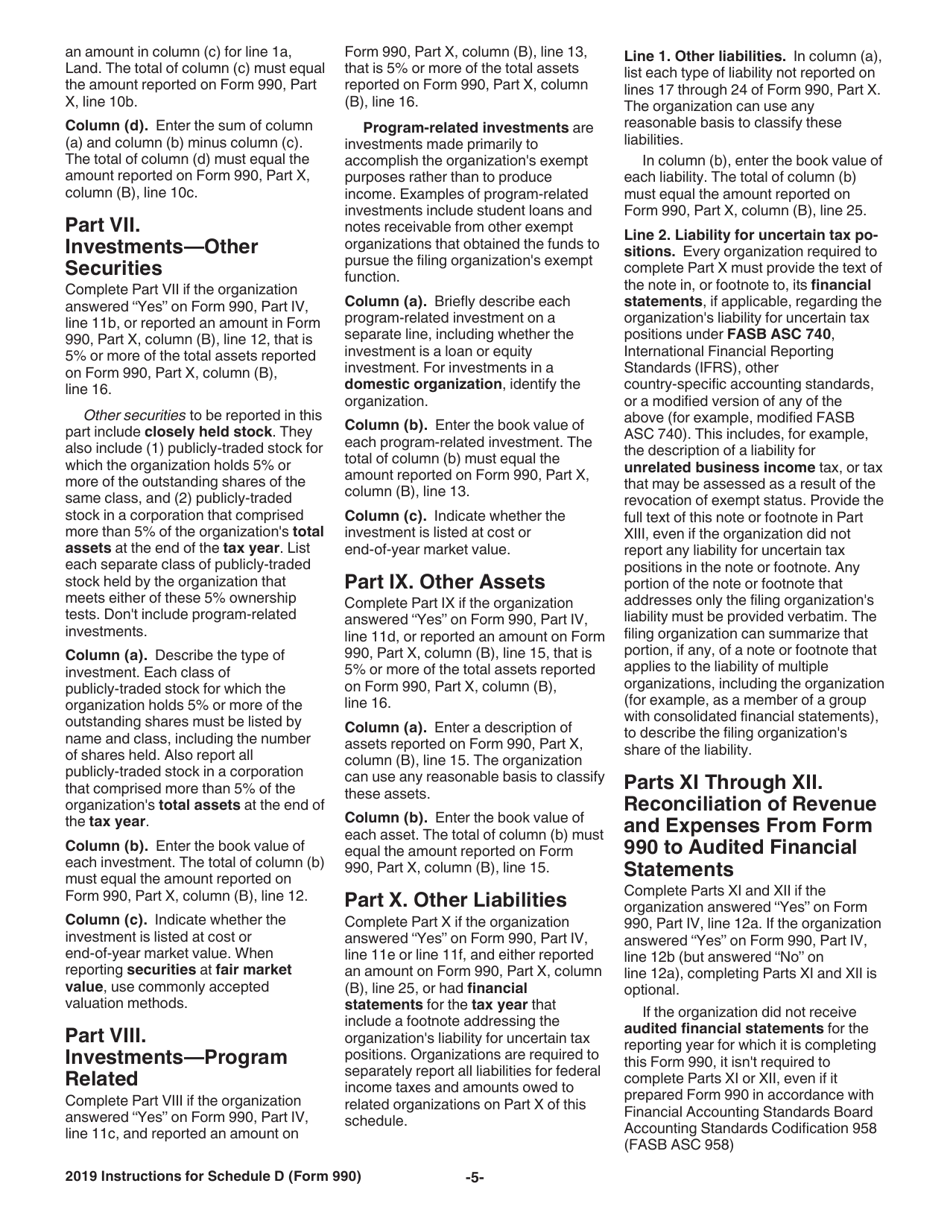 Instructions for IRS Form 990 Schedule D Supplemental Financial Statements, Page 5