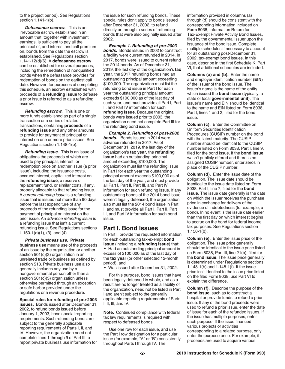 IRS Form 990 Schedule K Supplemental Information on Tax-Exempt Bonds, Page 2