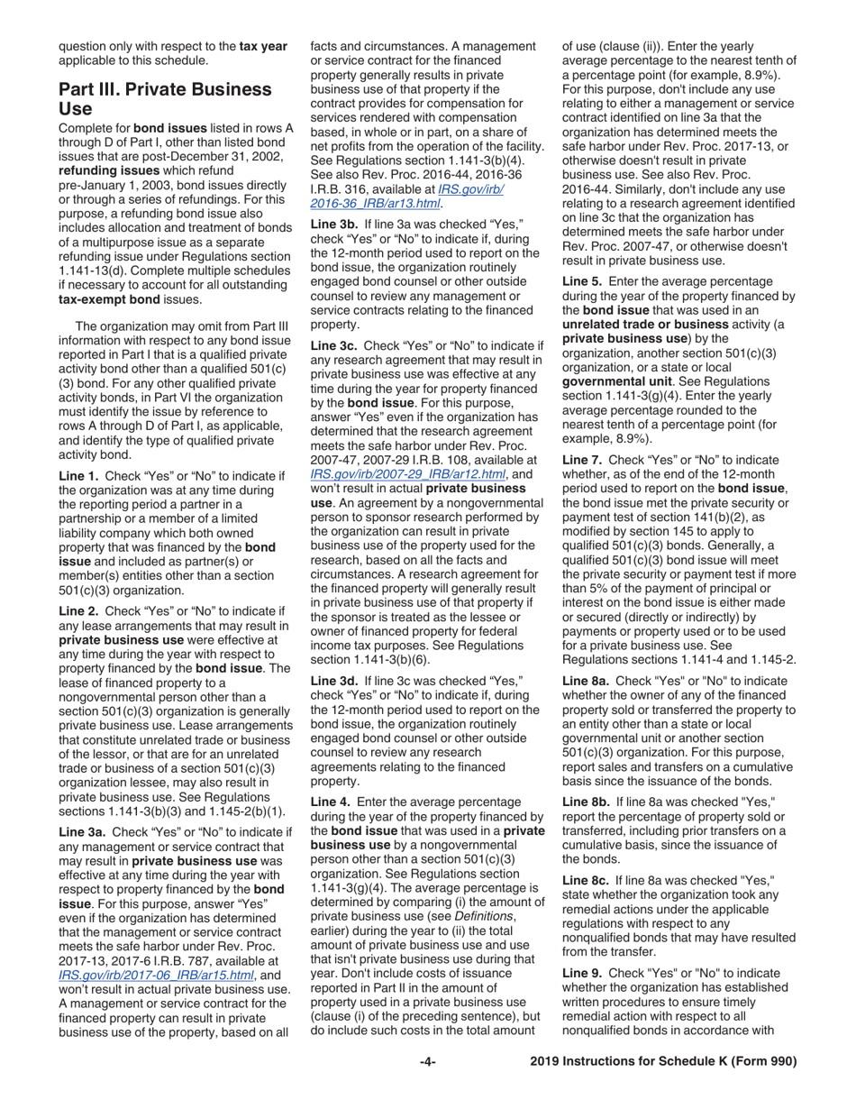 IRS Form 990 Schedule K Supplemental Information on Tax-Exempt Bonds, Page 4