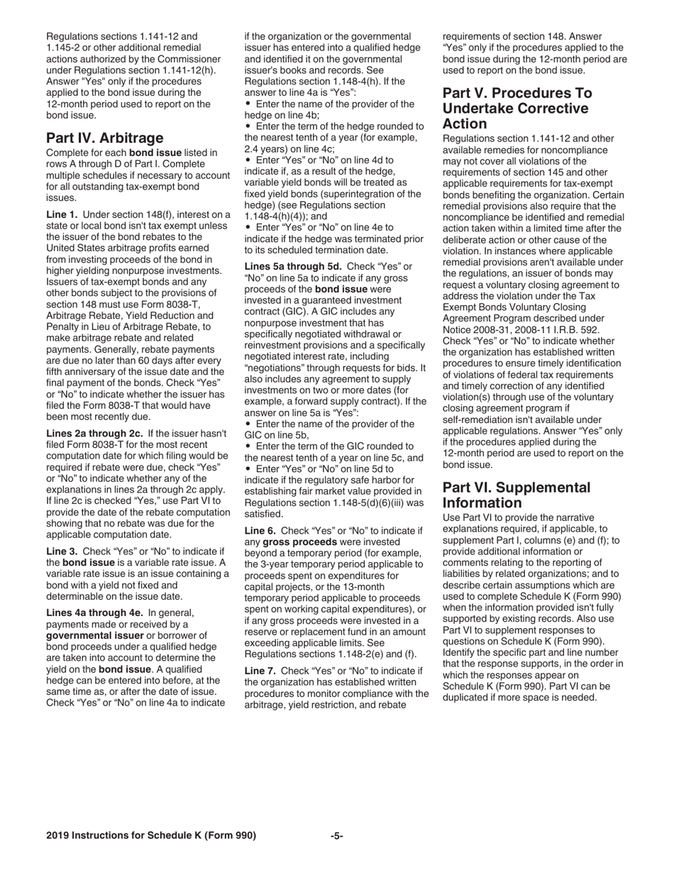 IRS Form 990 Schedule K Supplemental Information on Tax-Exempt Bonds, Page 5