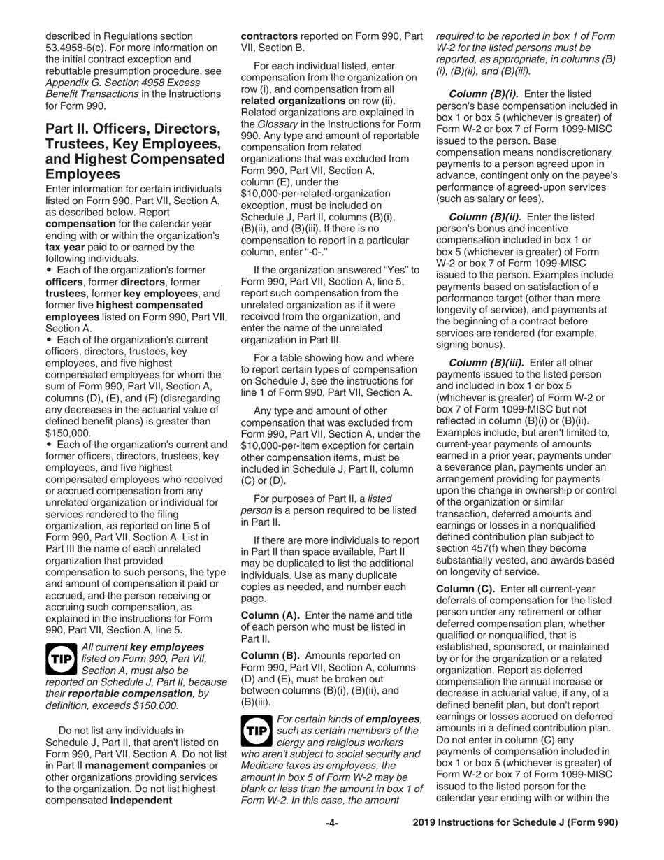 Instructions for IRS Form 990 Schedule J Compensation Information, Page 4