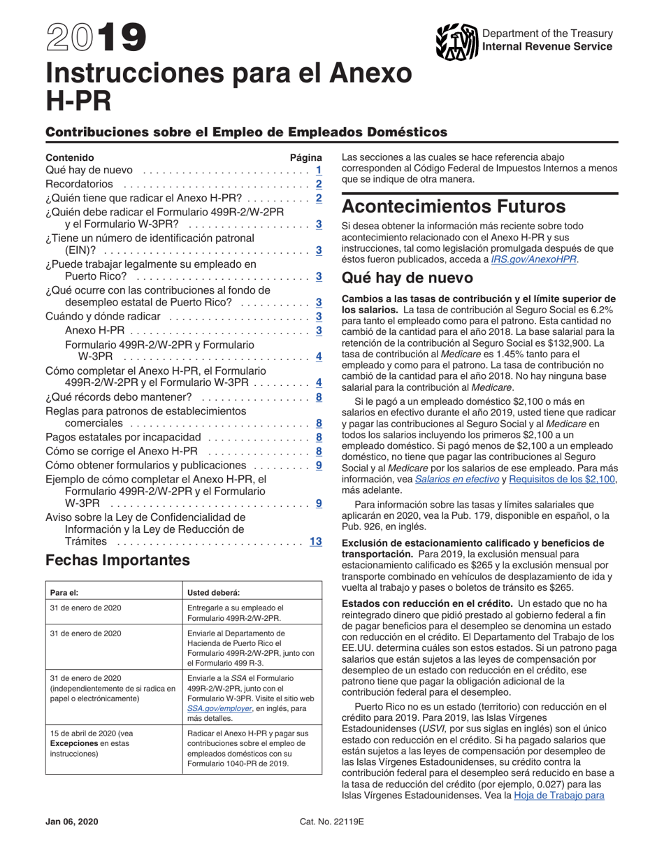Instrucciones para IRS Formulario 1040 (PR) Anexo H-PR Contribuciones Sobre El Empleo De Empleados Domesticos (Puerto Rican Spanish), Page 1