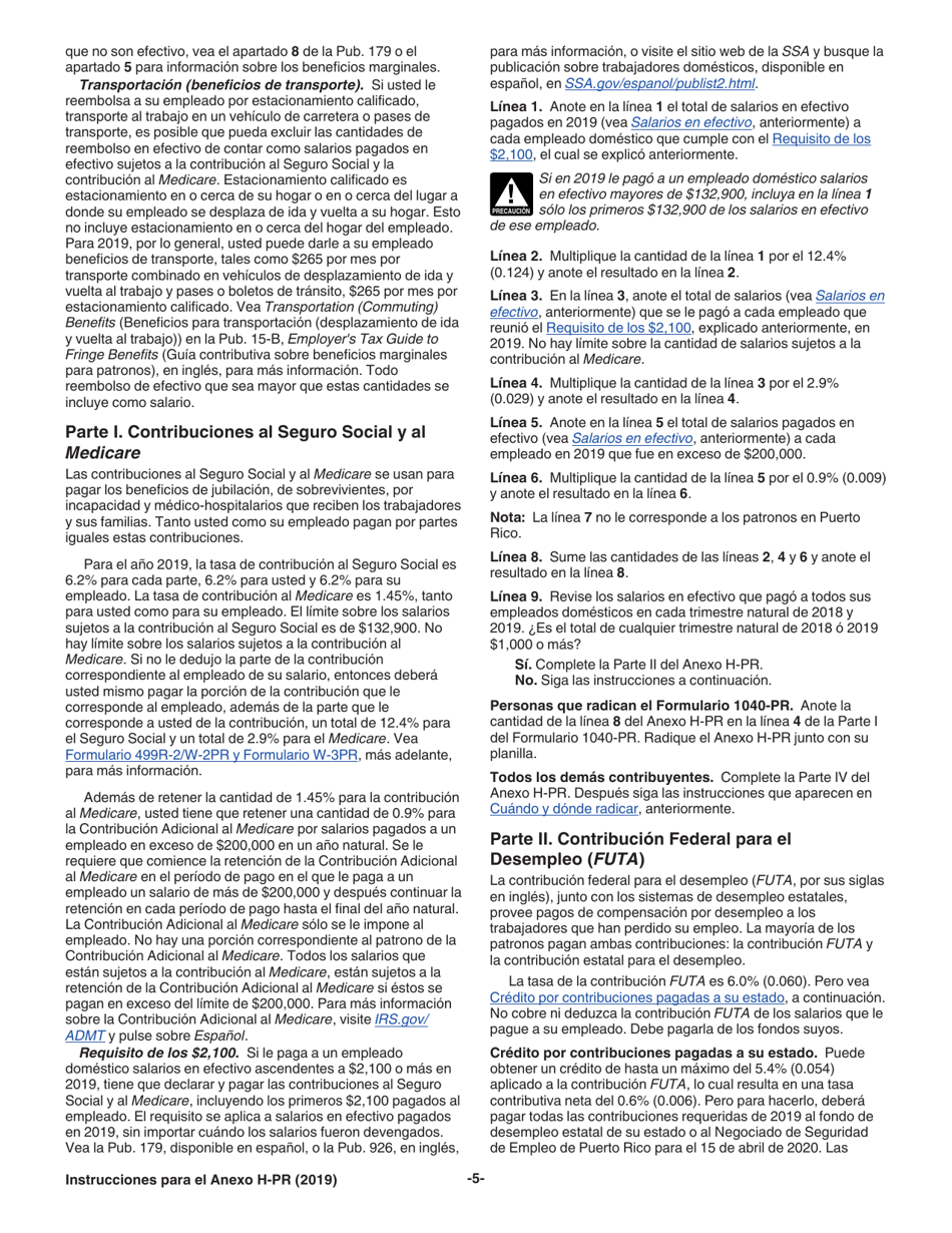 Instrucciones para IRS Formulario 1040 (PR) Anexo H-PR Contribuciones Sobre El Empleo De Empleados Domesticos (Puerto Rican Spanish), Page 5