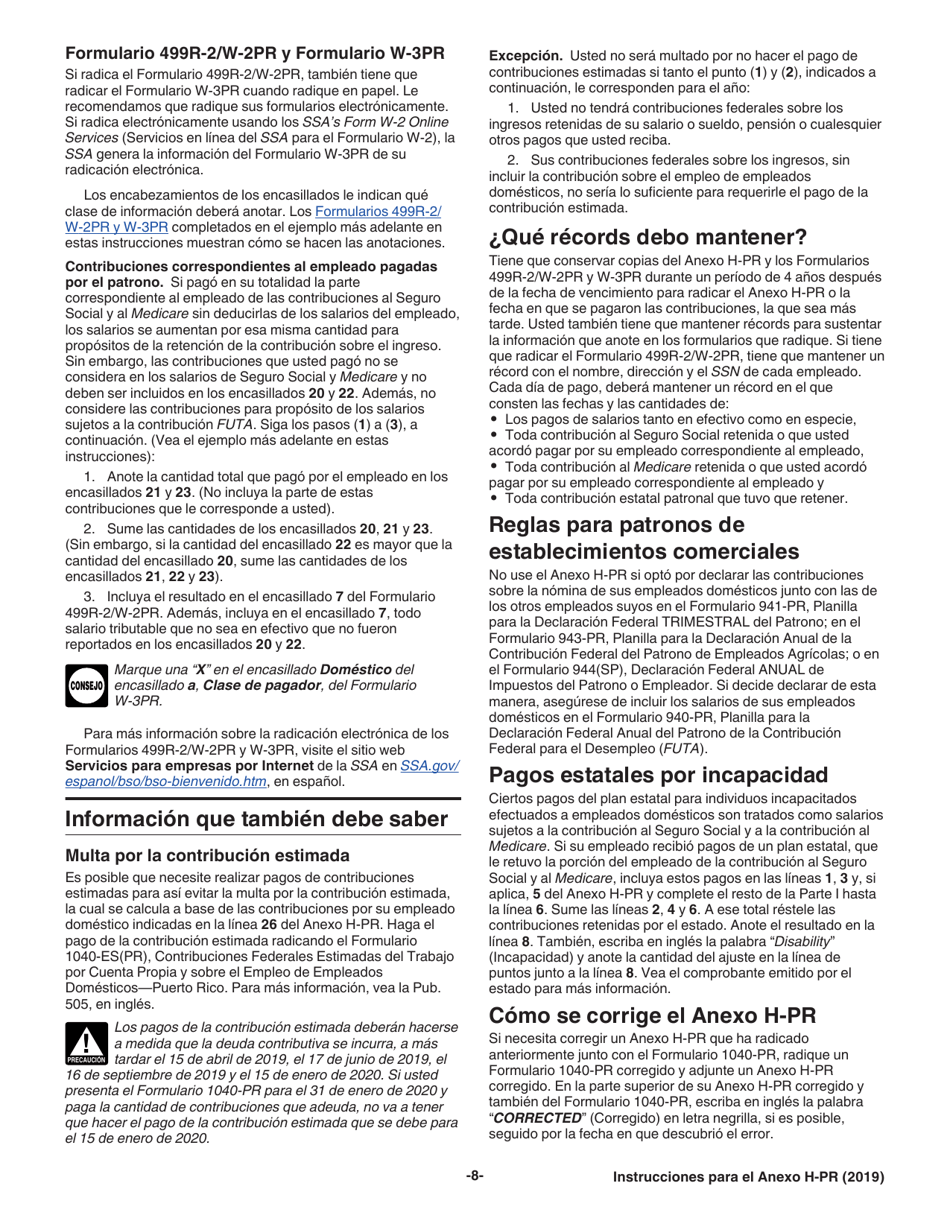 Instrucciones para IRS Formulario 1040 (PR) Anexo H-PR Contribuciones Sobre El Empleo De Empleados Domesticos (Puerto Rican Spanish), Page 8