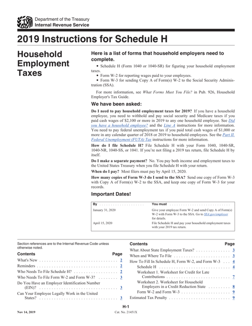 Instructions for IRS Form 1040, 1040-SR Schedule H Household Employment Taxes, 2019