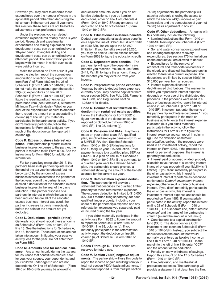 Instructions for IRS Form 1065 Schedule K-1 Partners Share of Income, Deductions, Credits, Etc. (For Partners Use Only), Page 12