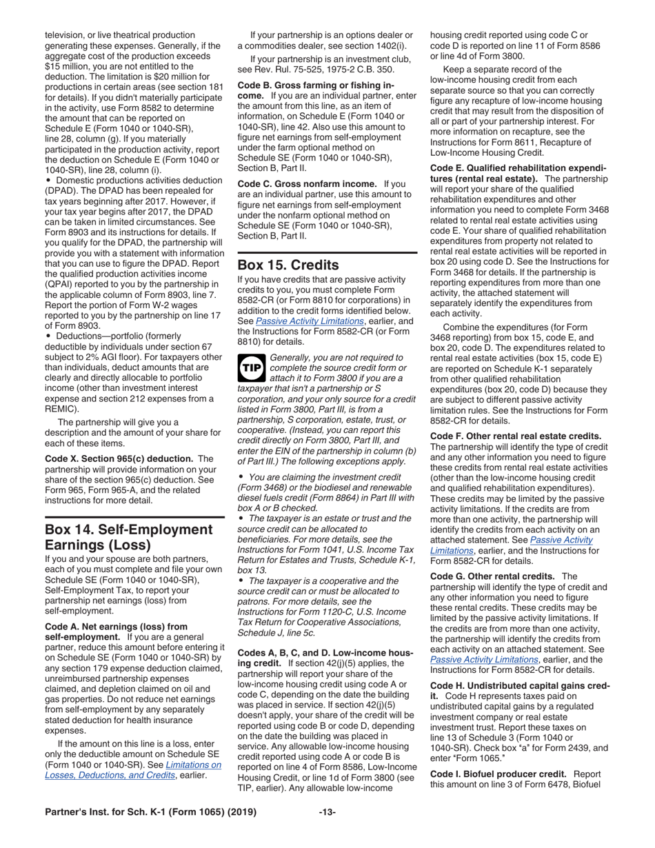 Instructions for IRS Form 1065 Schedule K-1 Partners Share of Income, Deductions, Credits, Etc. (For Partners Use Only), Page 13
