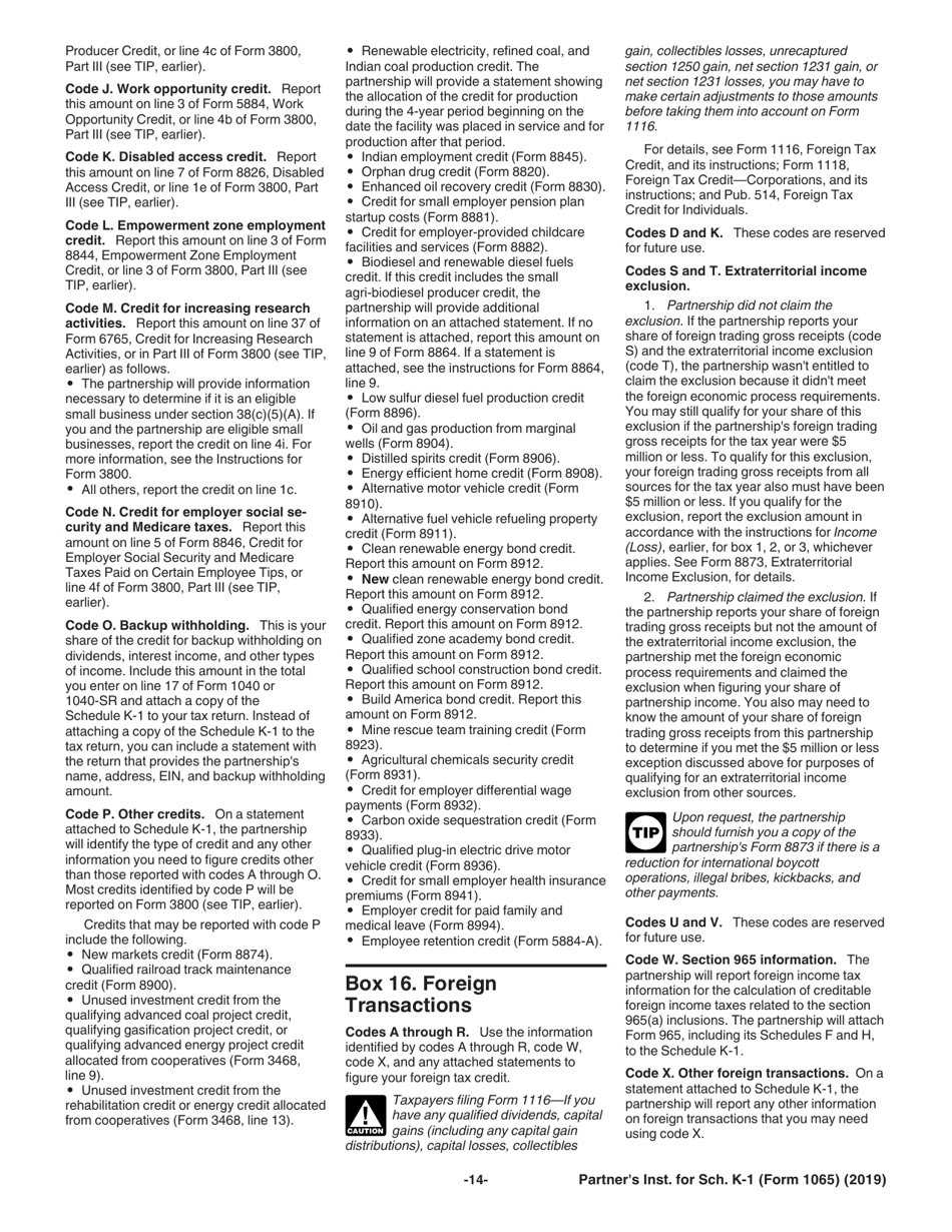 Instructions for IRS Form 1065 Schedule K-1 Partners Share of Income, Deductions, Credits, Etc. (For Partners Use Only), Page 14