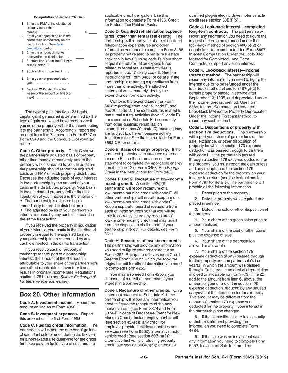Instructions for IRS Form 1065 Schedule K-1 Partners Share of Income, Deductions, Credits, Etc. (For Partners Use Only), Page 16