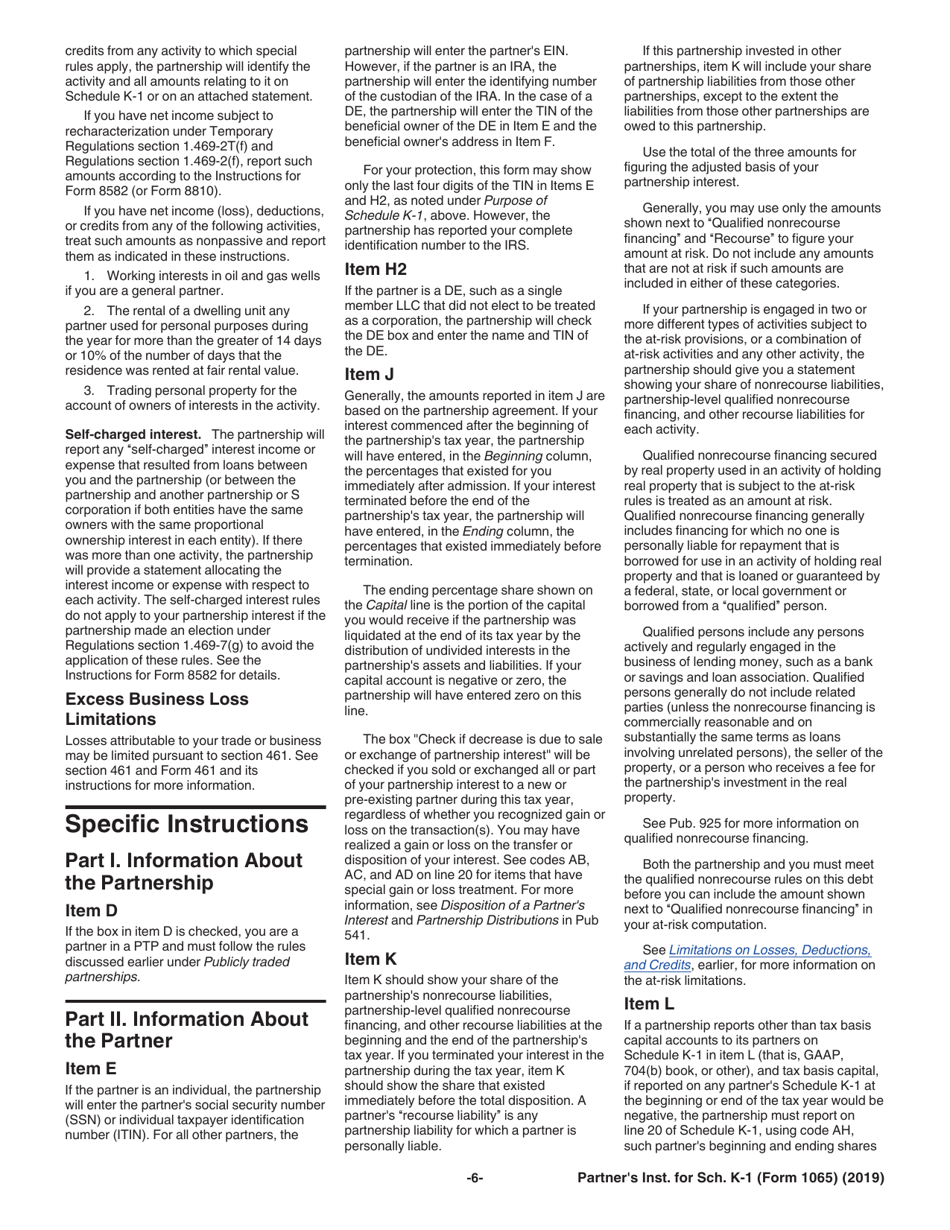 Instructions for IRS Form 1065 Schedule K-1 Partners Share of Income, Deductions, Credits, Etc. (For Partners Use Only), Page 6