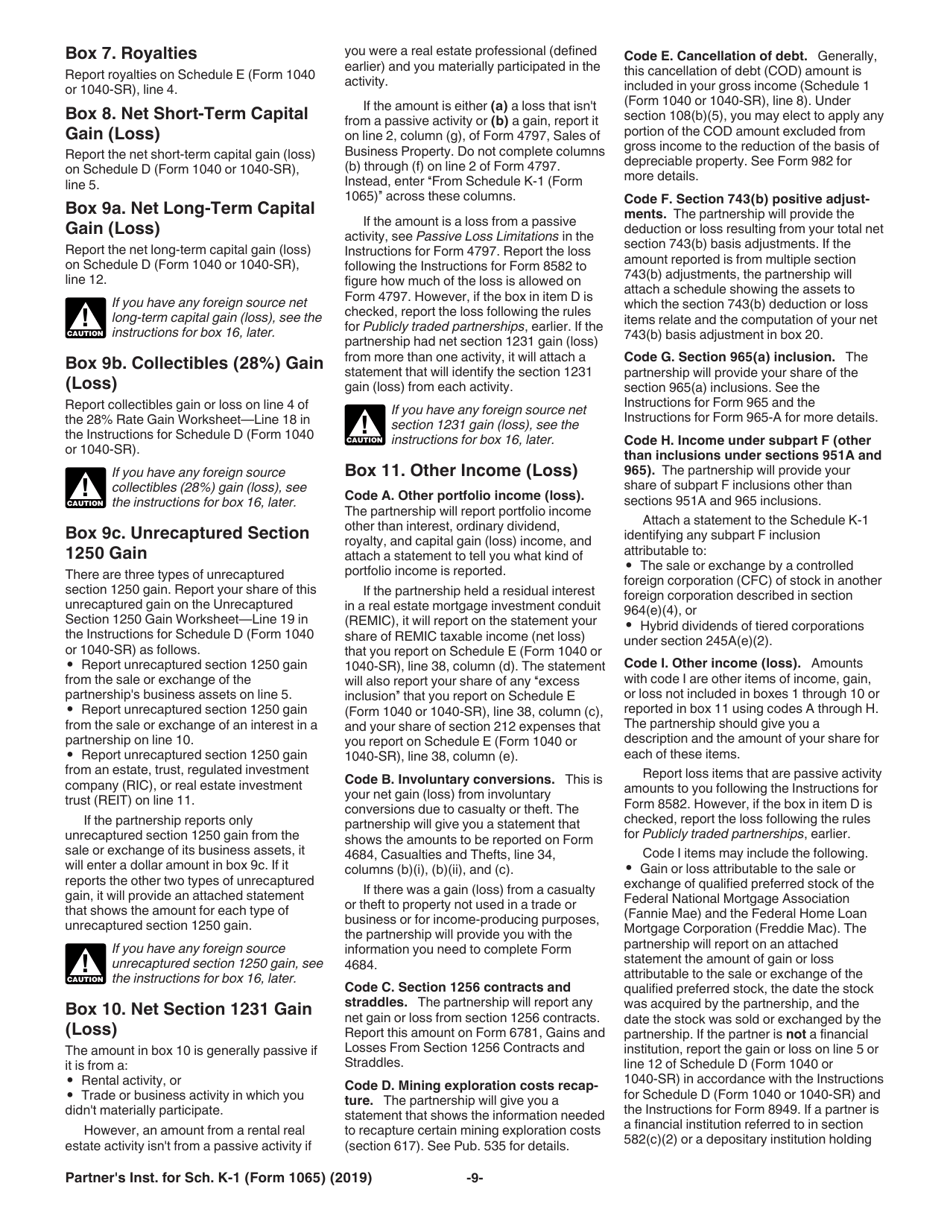 Instructions for IRS Form 1065 Schedule K-1 Partners Share of Income, Deductions, Credits, Etc. (For Partners Use Only), Page 9