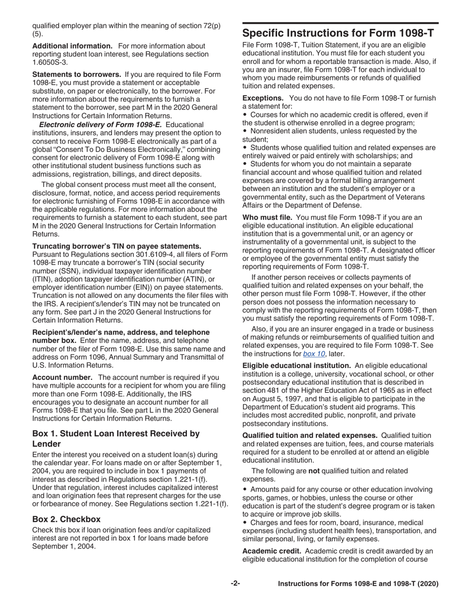 Instructions for IRS Form 1098-E, 1098-T Student Loan Interest Statement and Tuition Statement, Page 2