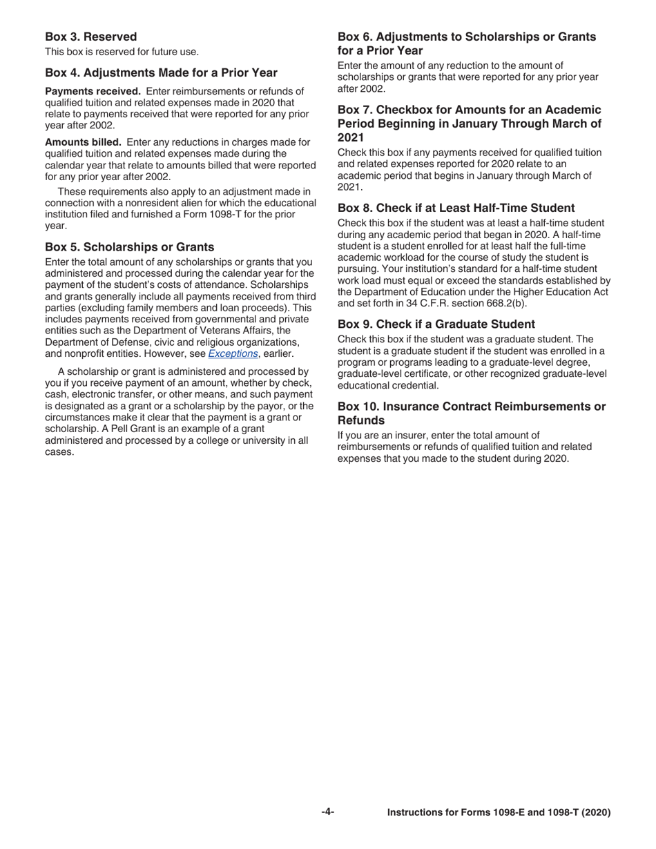 Instructions for IRS Form 1098-E, 1098-T Student Loan Interest Statement and Tuition Statement, Page 4