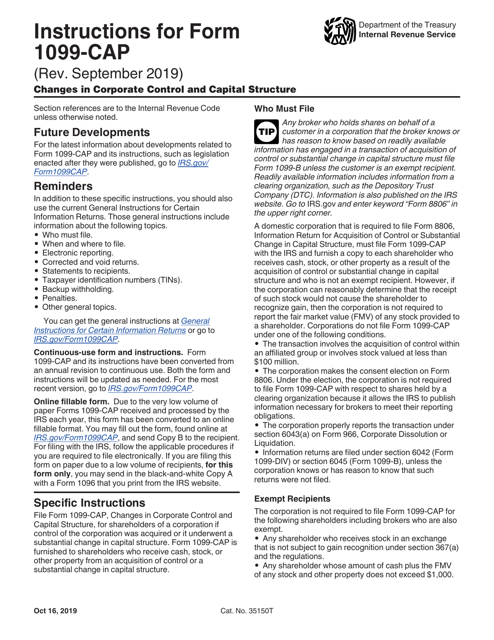 Download Instructions For IRS Form 1099 CAP Changes In Corporate 
