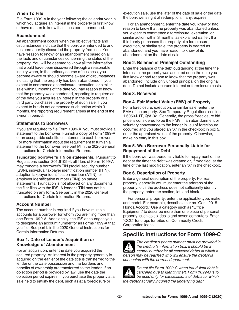 Instructions for IRS Form 1099-A, 1099-C Acquisition or Abandonment of Secured Property and Cancellation of Debt, Page 2
