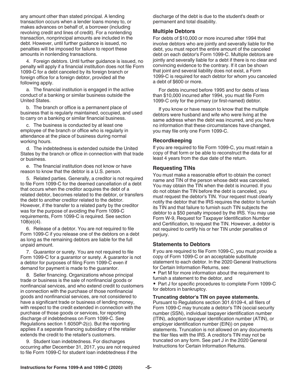 Instructions for IRS Form 1099-A, 1099-C Acquisition or Abandonment of Secured Property and Cancellation of Debt, Page 5