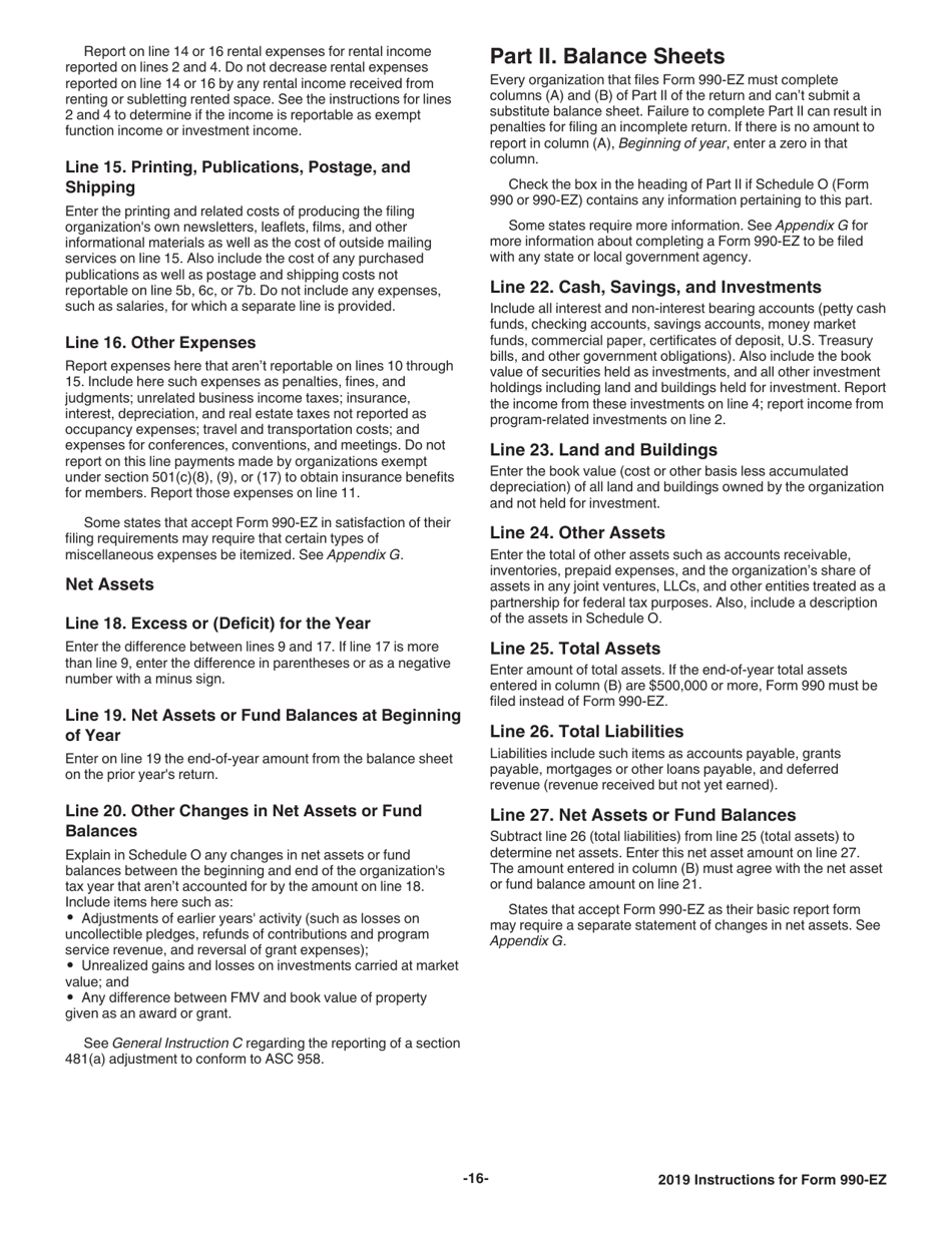 Instructions for IRS Form 990-EZ Short Form Return of Organization Exempt From Income Tax, Page 16