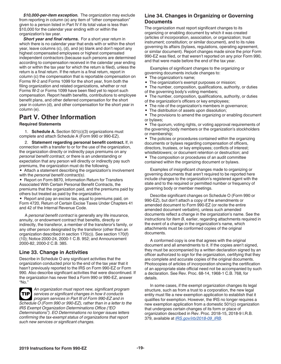 Instructions for IRS Form 990-EZ Short Form Return of Organization Exempt From Income Tax, Page 19
