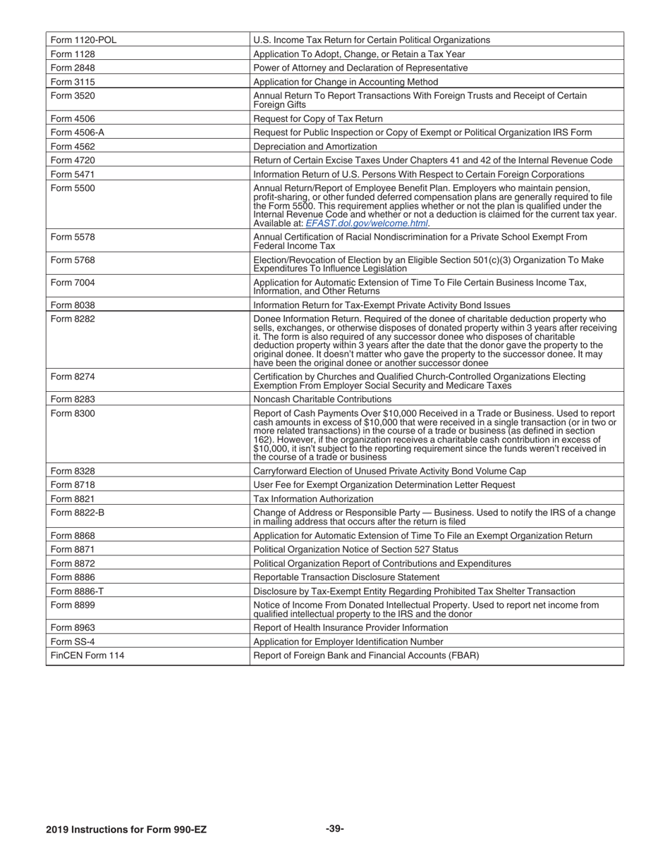 Instructions for IRS Form 990-EZ Short Form Return of Organization Exempt From Income Tax, Page 39