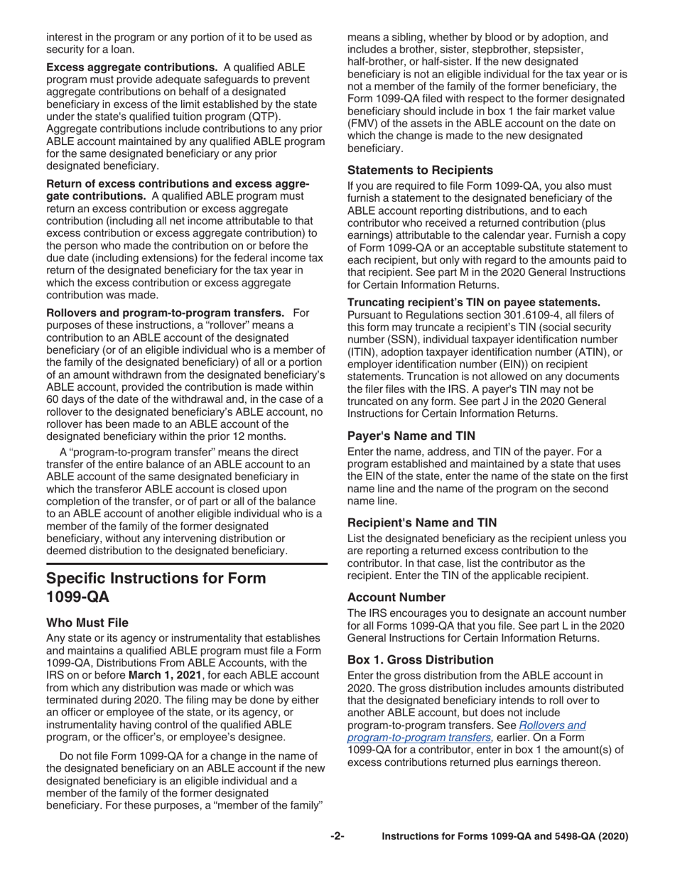Instructions for IRS Form 1099-QA, 5498-QA Distributions From Able Accounts and Able Account Contribution Information, Page 2