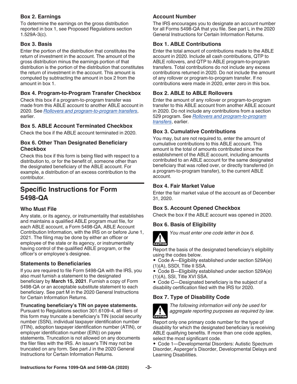Instructions for IRS Form 1099-QA, 5498-QA Distributions From Able Accounts and Able Account Contribution Information, Page 3