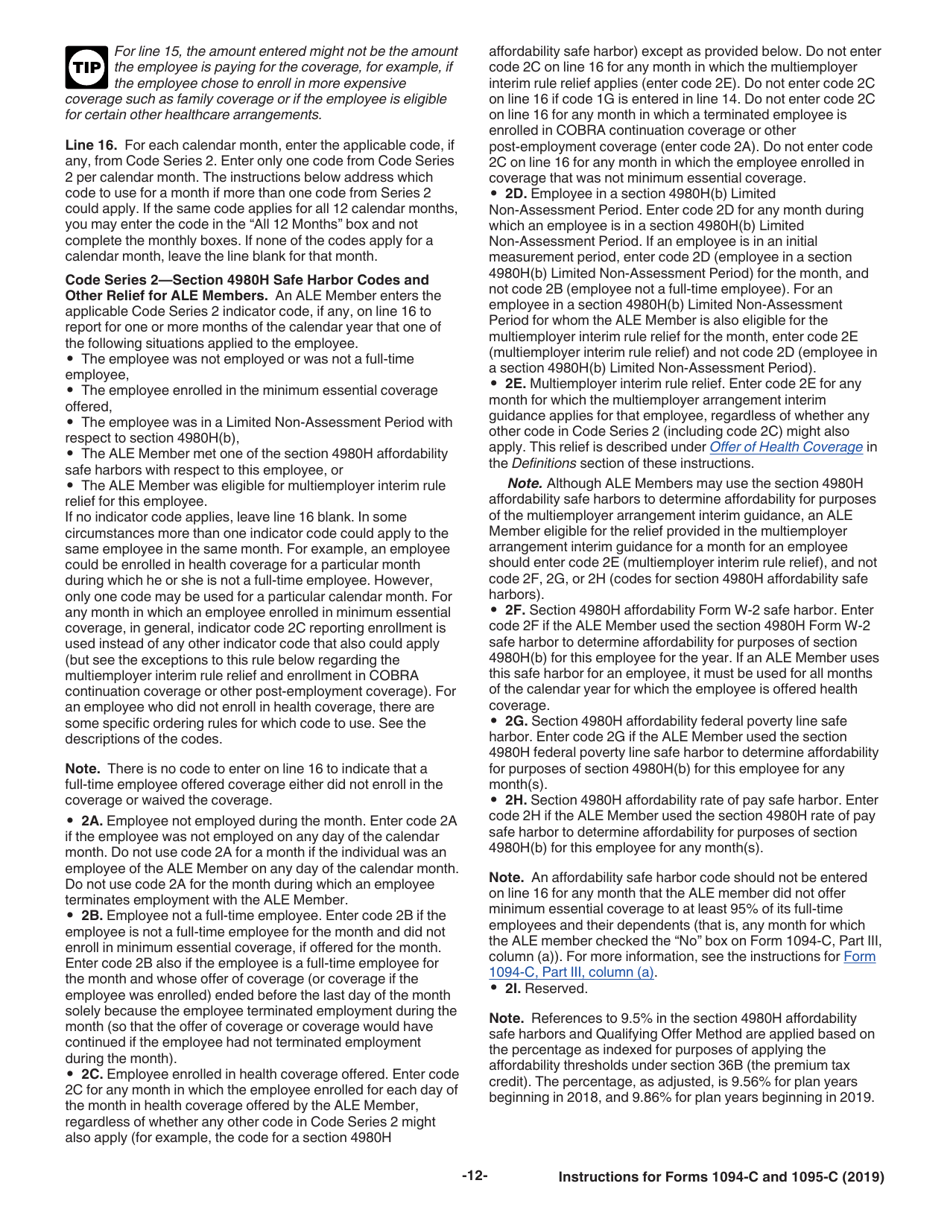 Instructions for IRS Form 1094-C, 1095-C, Page 12