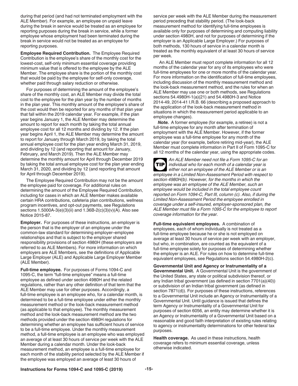 Instructions for IRS Form 1094-C, 1095-C, Page 15