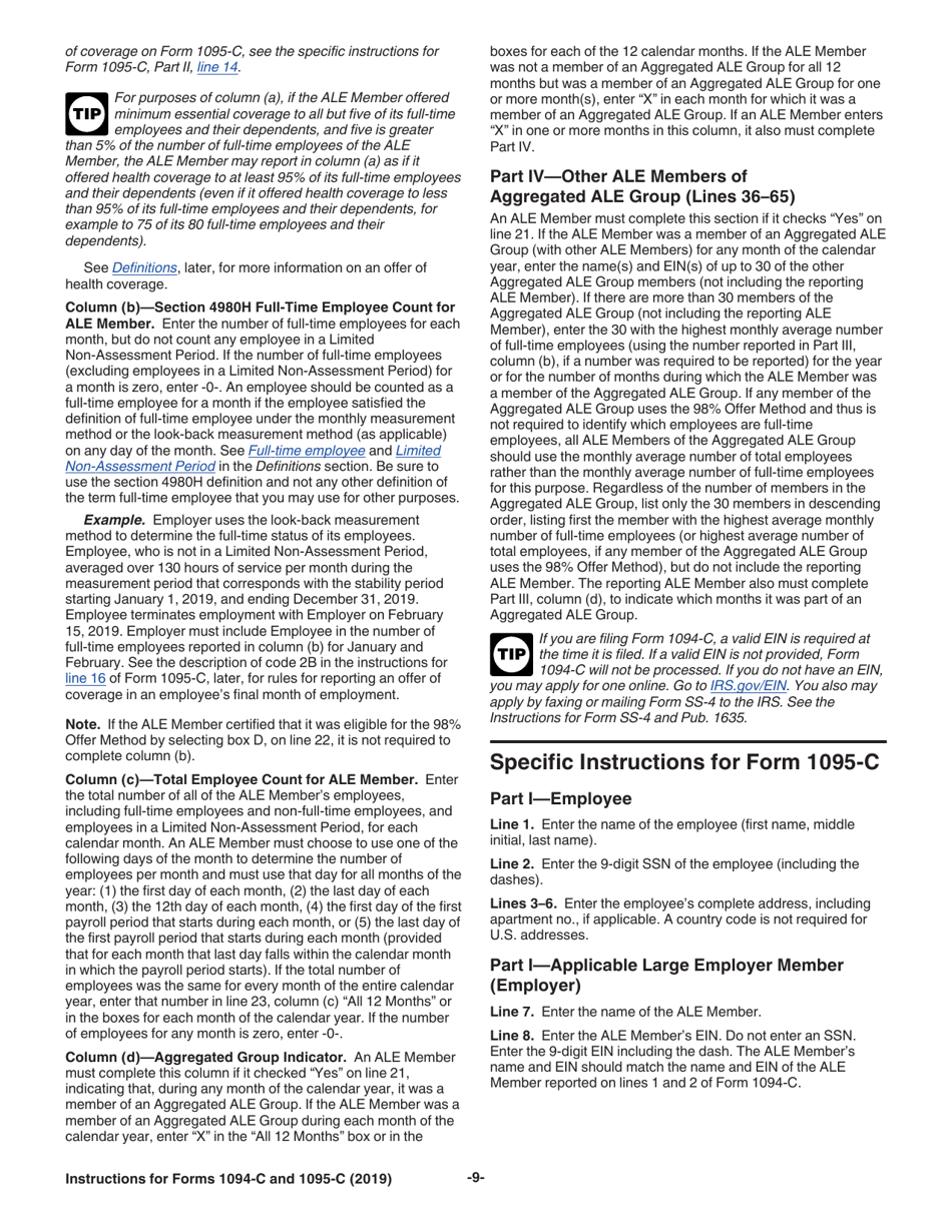Instructions for IRS Form 1094-C, 1095-C, Page 9