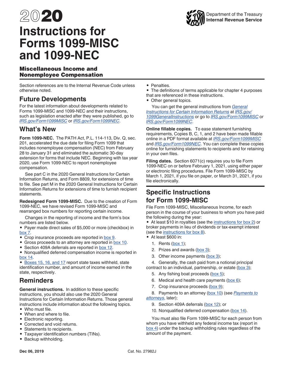 Download Instructions for IRS Form 1099 MISC 1099 NEC Miscellaneous Download Instructions for IRS Form 1099 MISC 1099 NEC Miscellaneous