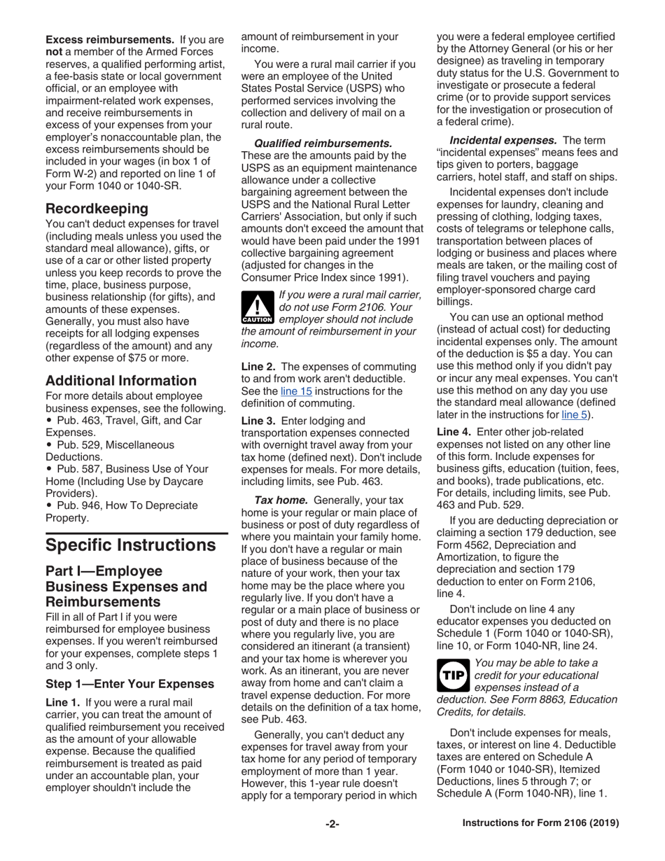 Instructions for IRS Form 2106 Employee Business Expenses, Page 2