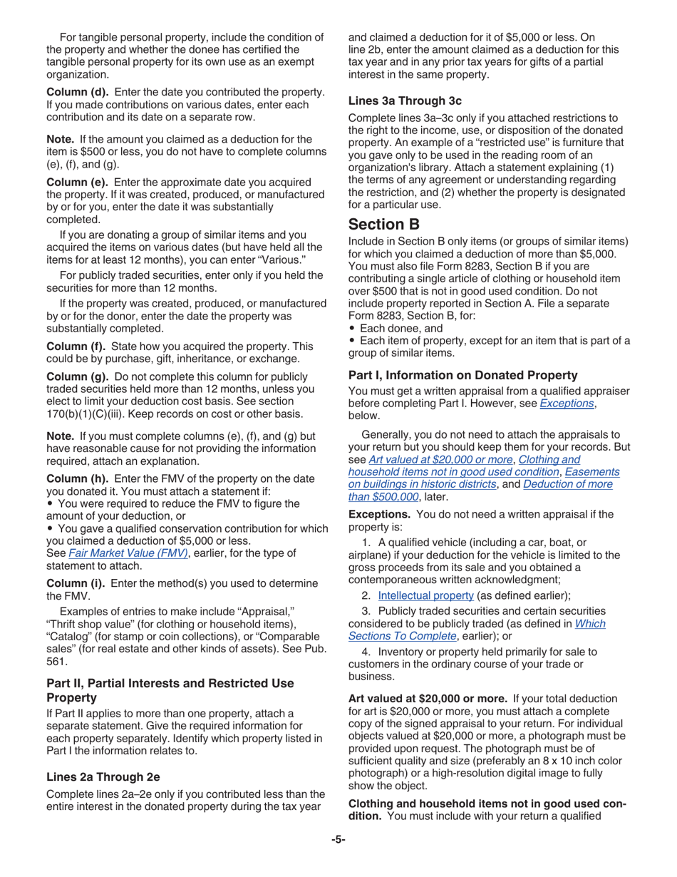 Instructions for IRS Form 8283 Noncash Charitable Contributions, Page 5