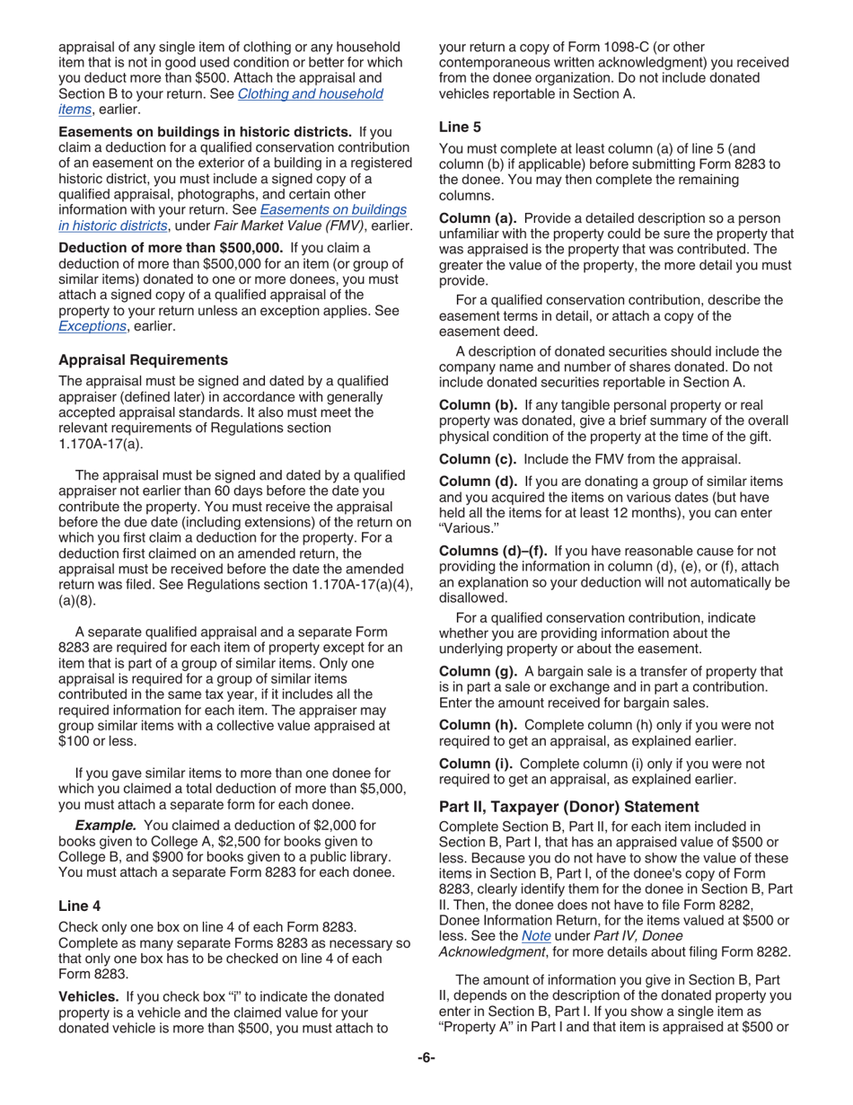 Instructions for IRS Form 8283 Noncash Charitable Contributions, Page 6
