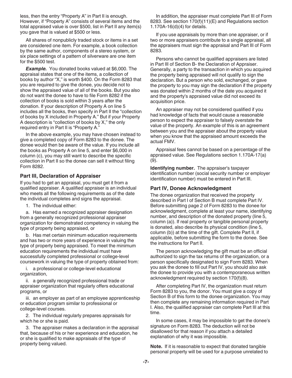 Instructions for IRS Form 8283 Noncash Charitable Contributions, Page 7