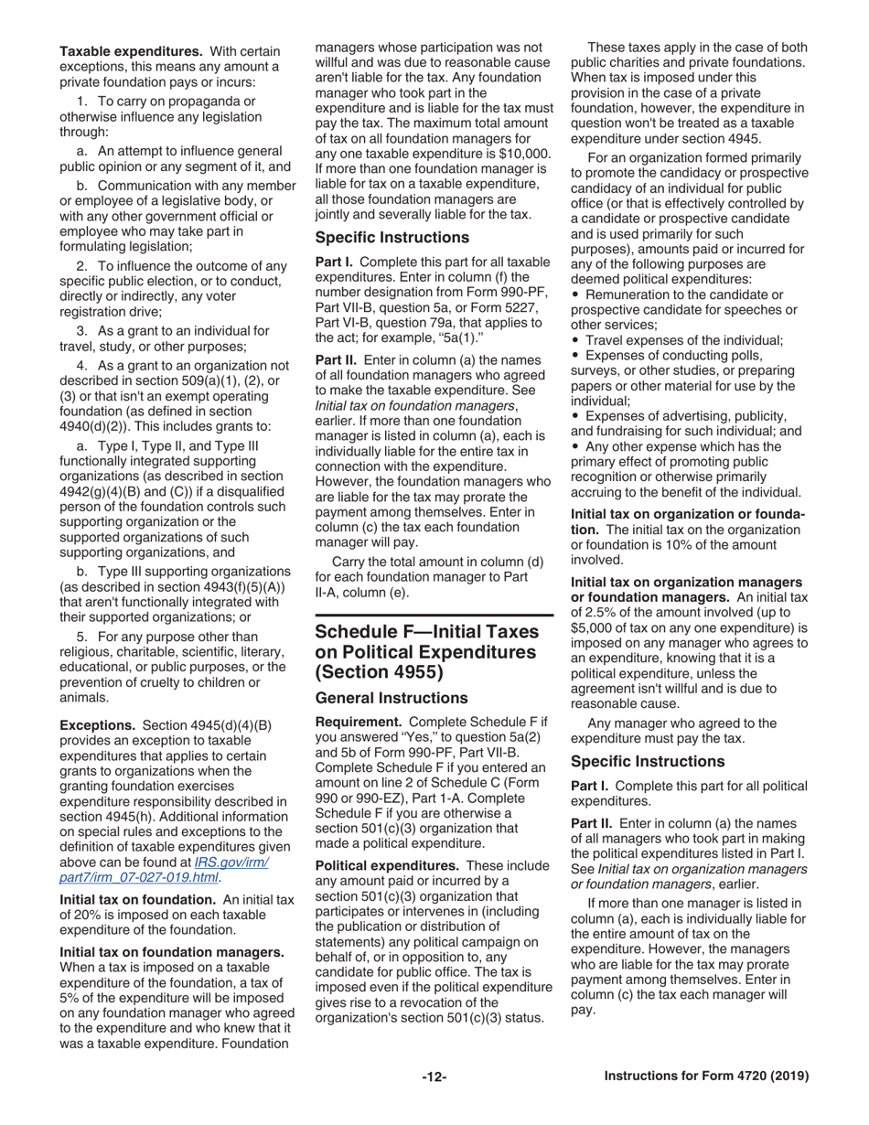 Instructions for IRS Form 4720 Return of Certain Excise Taxes Under Chapters 41 and 42 of the Internal Revenue Code, Page 12