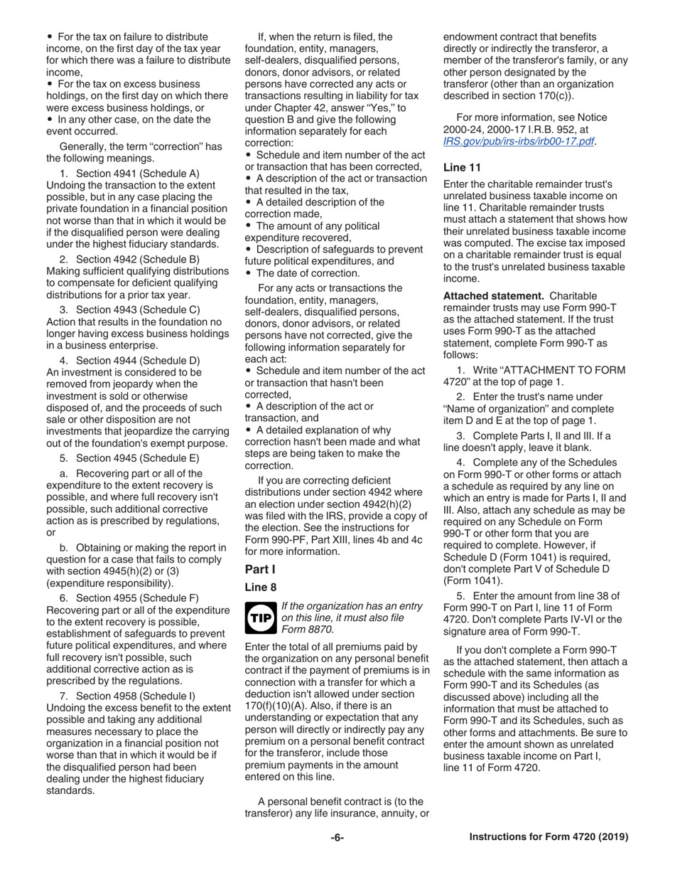 Instructions for IRS Form 4720 Return of Certain Excise Taxes Under Chapters 41 and 42 of the Internal Revenue Code, Page 6
