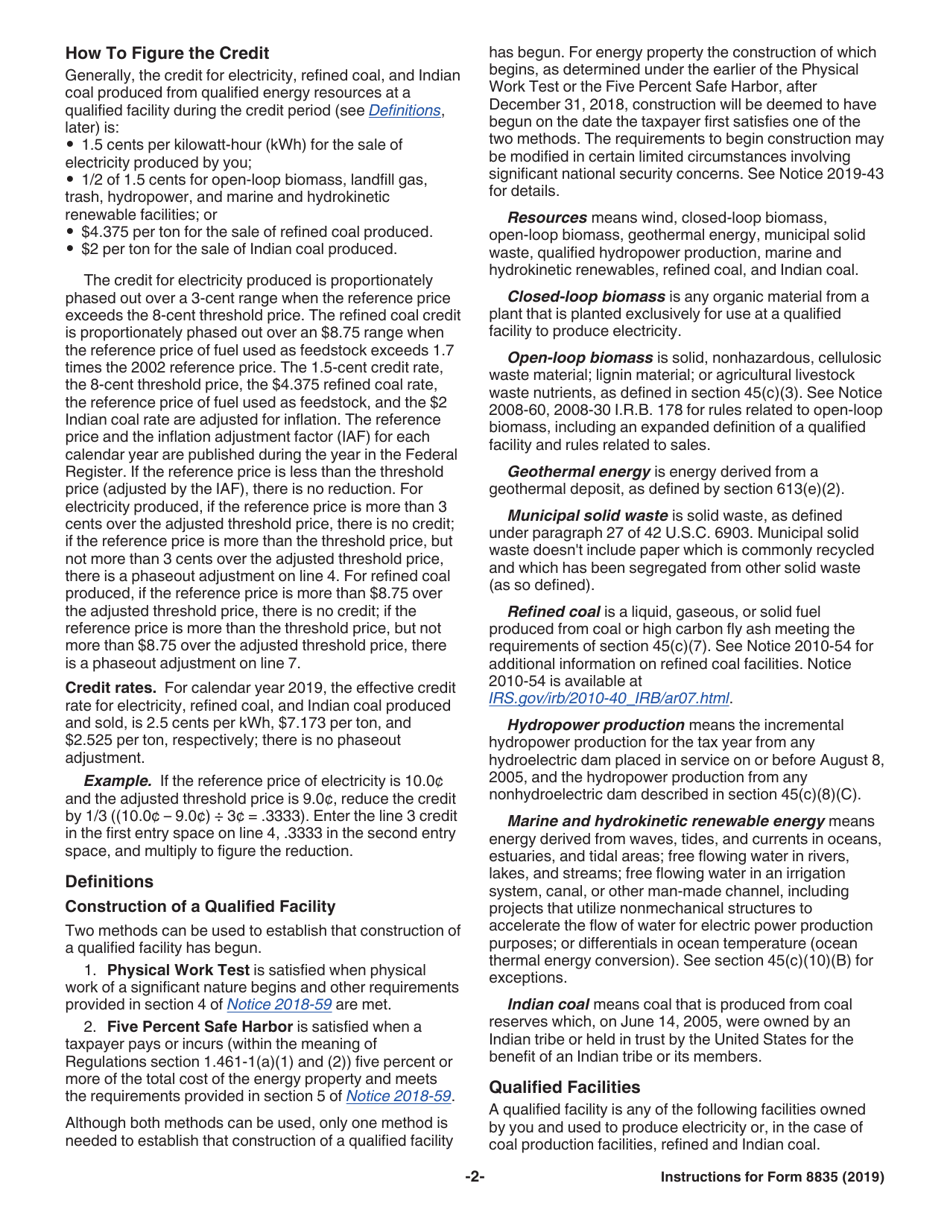 Instructions for IRS Form 8835 Renewable Electricity, Refined Coal, and Indian Coal Production Credit, Page 2