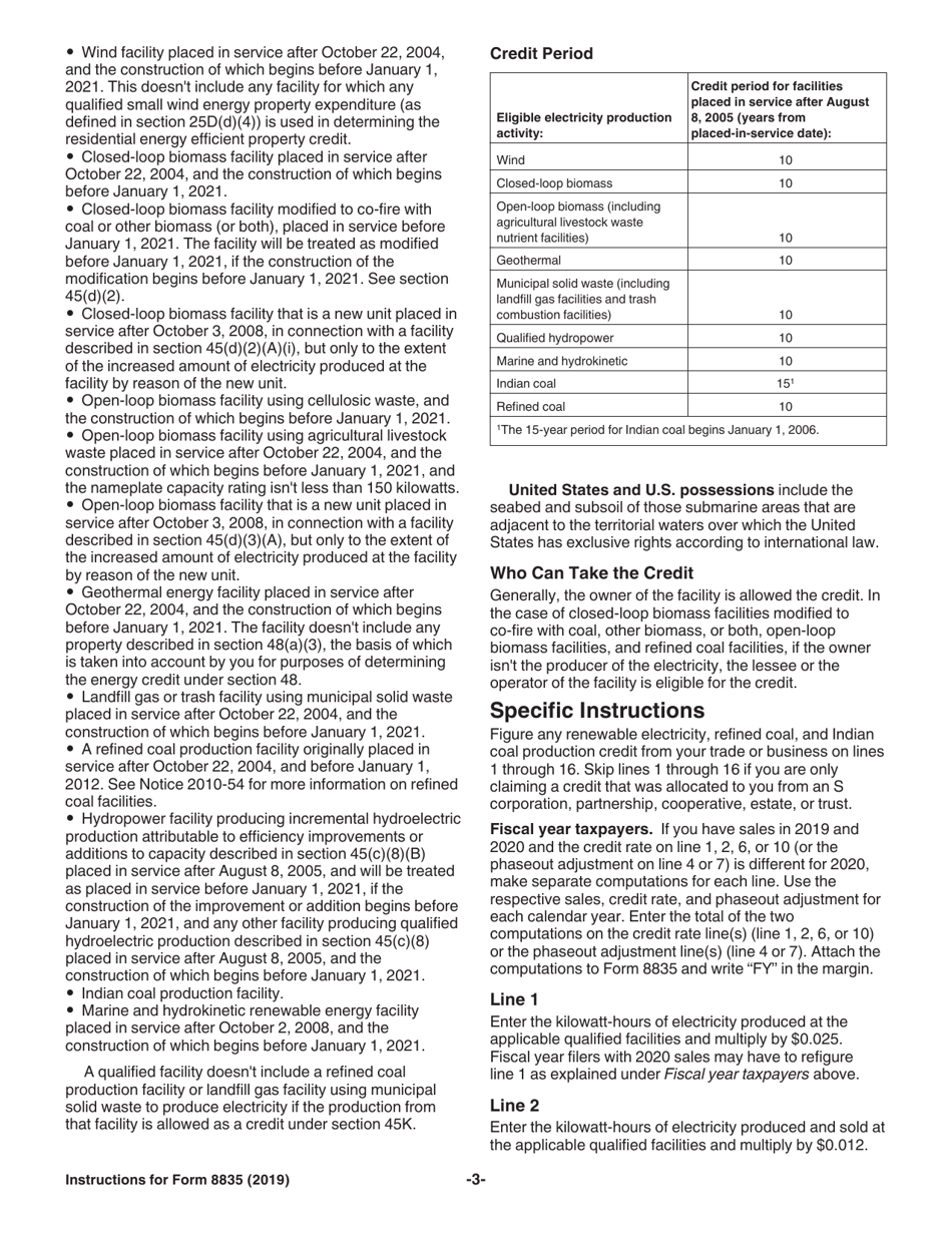Instructions for IRS Form 8835 Renewable Electricity, Refined Coal, and Indian Coal Production Credit, Page 3