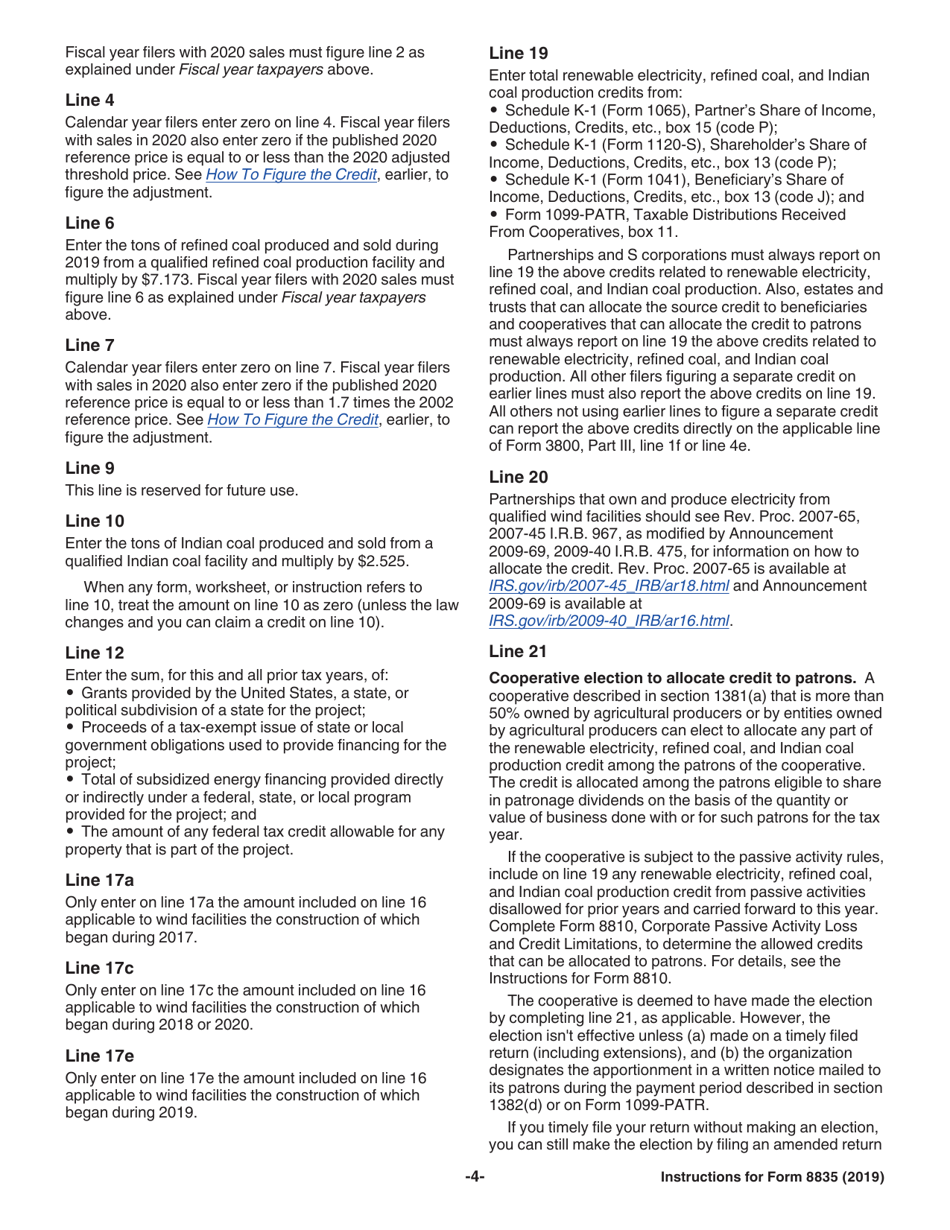 Instructions for IRS Form 8835 Renewable Electricity, Refined Coal, and Indian Coal Production Credit, Page 4
