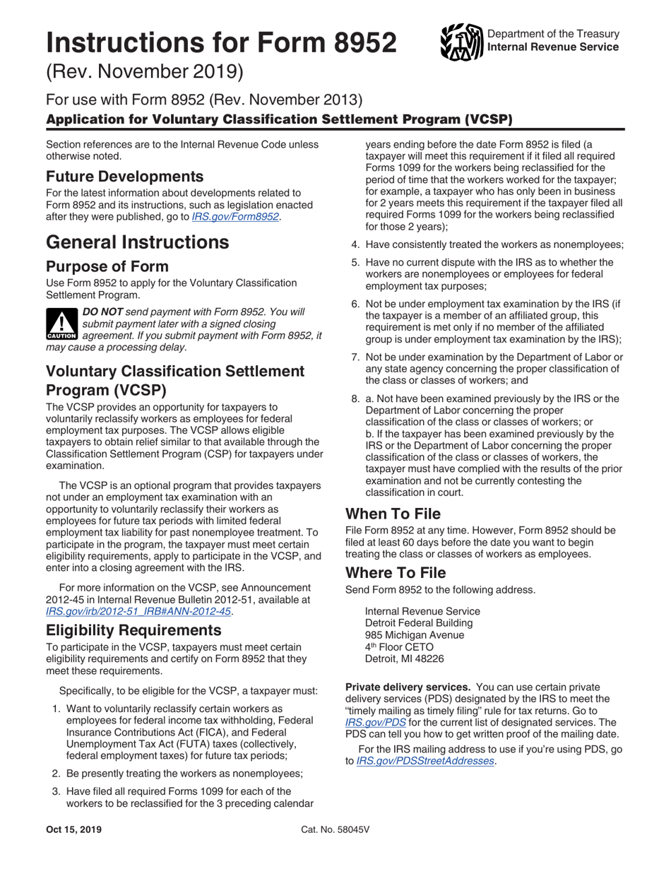 Instructions for IRS Form 8952 Application for Voluntary Classification Settlement Program (Vcsp), Page 1