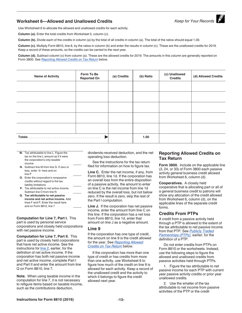 Instructions for IRS Form 8810 Corporate Passive Activity Loss and Credit Limitations, Page 13