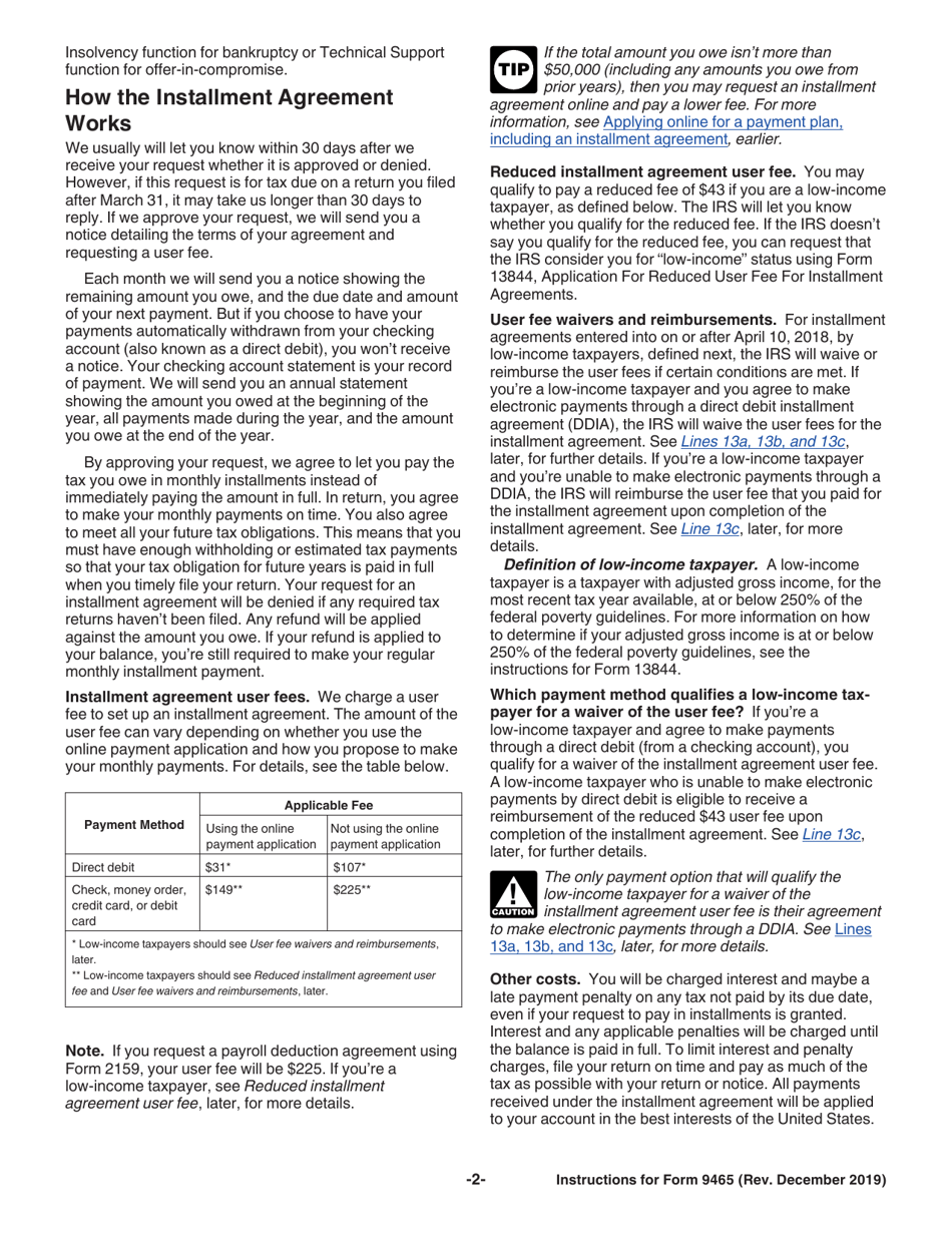 Instructions for IRS Form 9465 Installment Agreement Request, Page 2