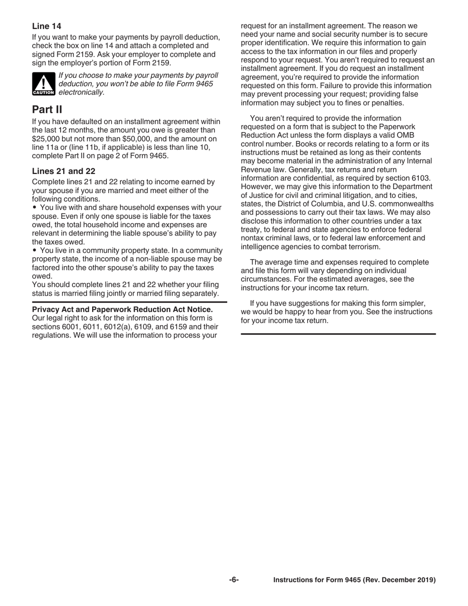 Instructions for IRS Form 9465 Installment Agreement Request, Page 6