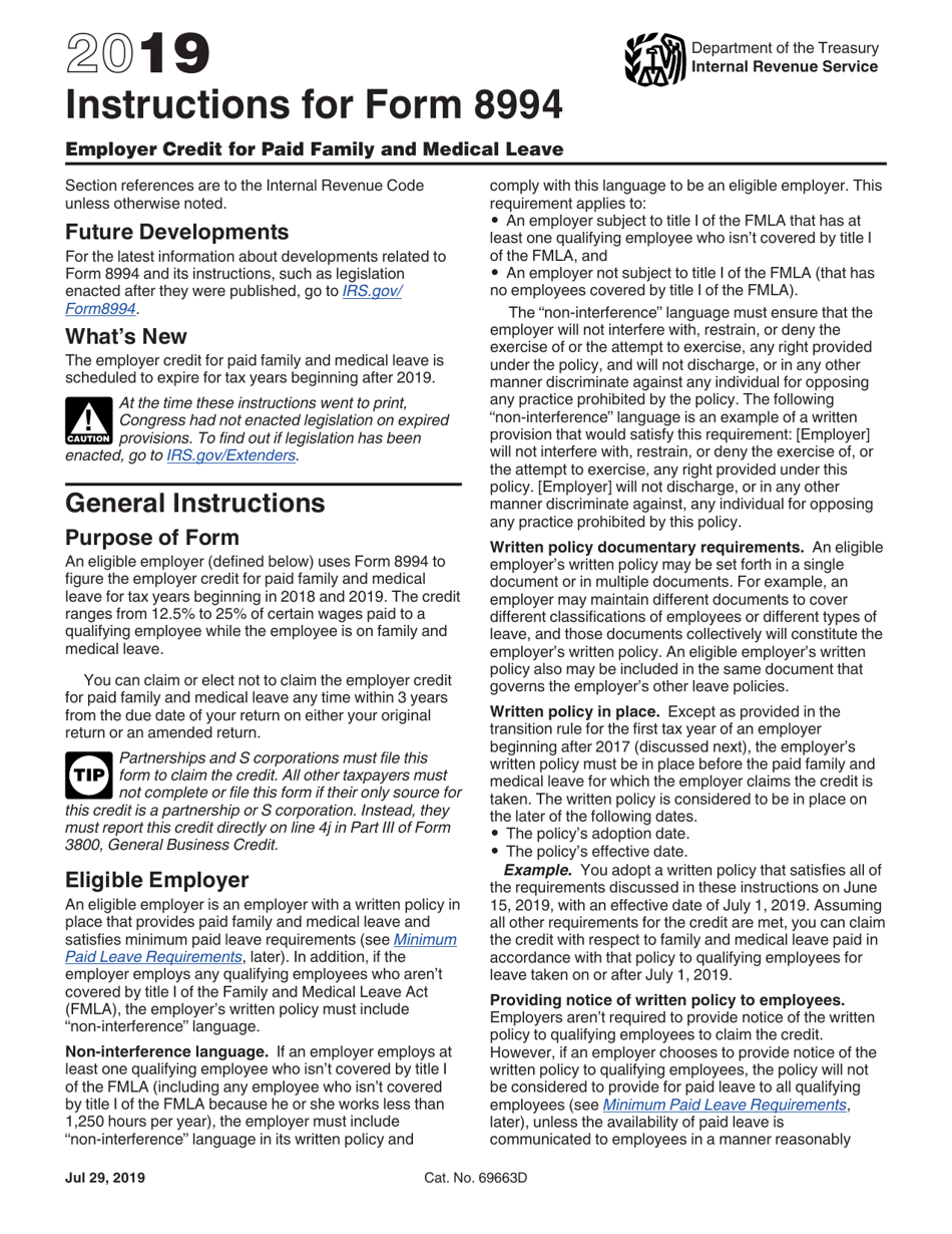 Instructions for IRS Form 8994 Employer Credit for Paid Family and Medical Leave, Page 1
