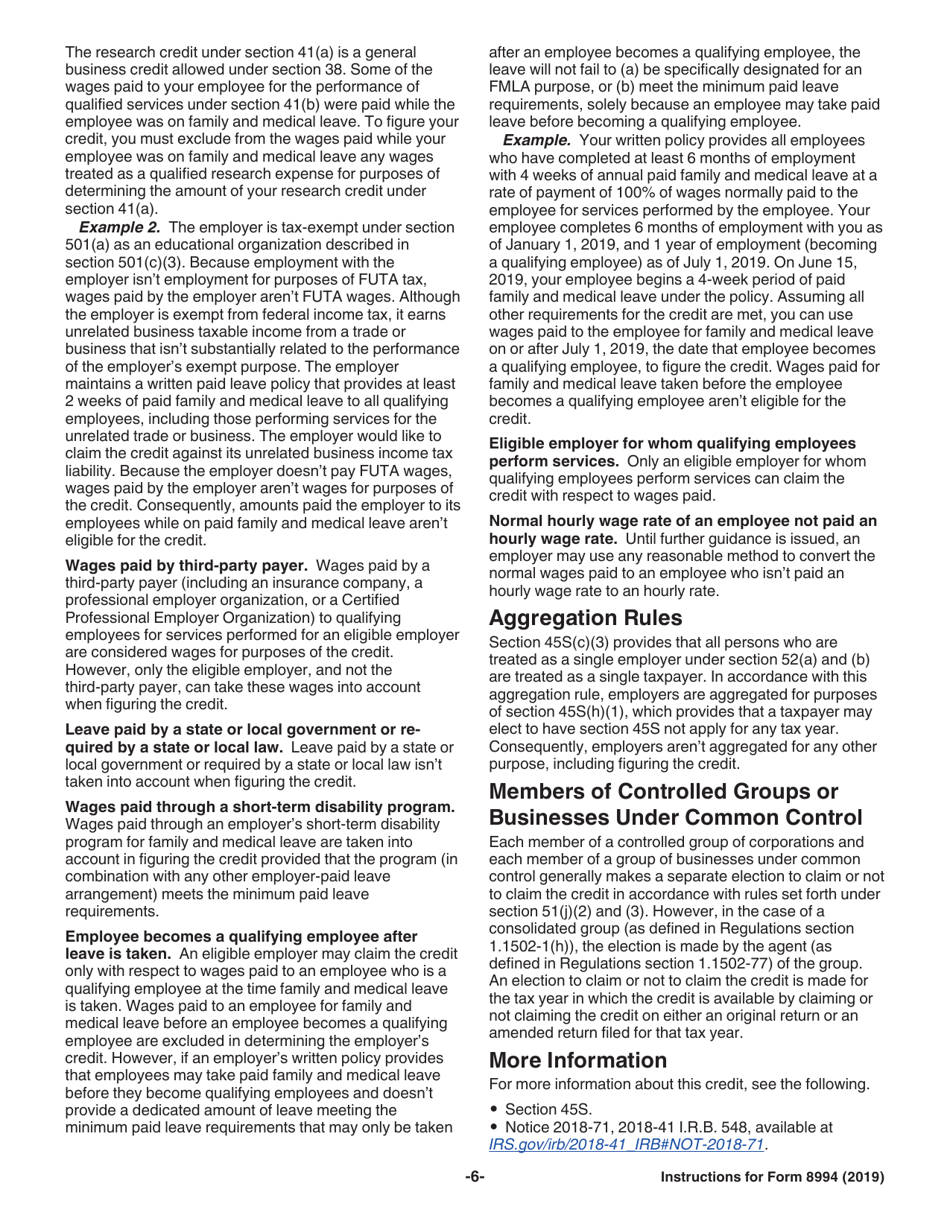 Instructions for IRS Form 8994 Employer Credit for Paid Family and Medical Leave, Page 6