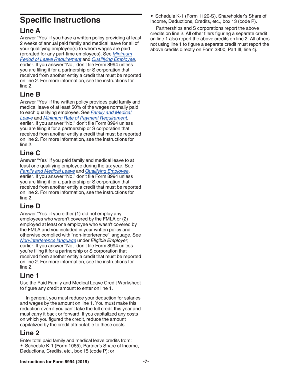 Instructions for IRS Form 8994 Employer Credit for Paid Family and Medical Leave, Page 7