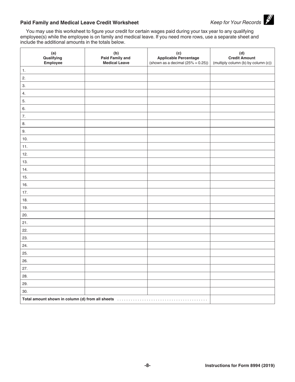 Instructions for IRS Form 8994 Employer Credit for Paid Family and Medical Leave, Page 8